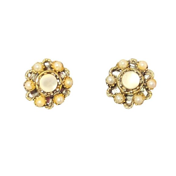 Vintage Estate Statement Earrings Faceted Faux Pearl MCM Round Cluster Gold Tone - Picture 2 of 10